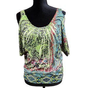 ❤️2/$18 Unity World Wear Petite Tie Dye Floral Boho Green Shirt Top Blouse M